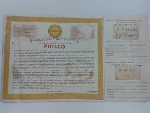 Antigo Certificado De Garantia Do Televisor Philco (dec. 60)