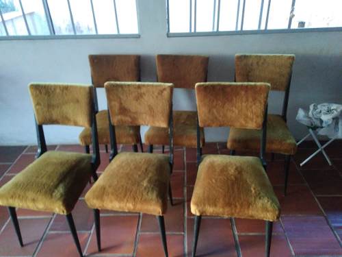 Jogo De 06 Cadeiras Antigas Em Veludo - Anos 