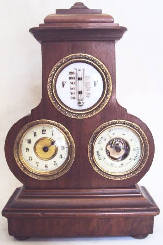 Barômetro Antigo De Mesa Com Relógio E Termômetro Em