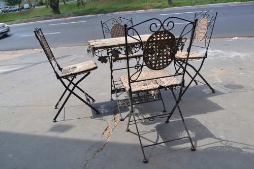 Jogo Mesa + 4 Cadeiras Antiga Ferro Palha Sintética
