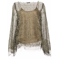 Josie Natori Blusa bordada com mesh translúcido - Dourado