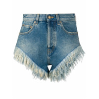Saint Laurent Shorts jeans com acabamento de plumas - Azul