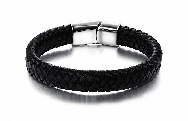 Pulseira masculina em couro com fecho magnetico