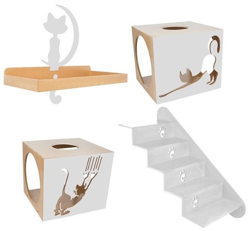 Kit Nicho Prateleira Escada Casa Para Gatos Cinza Claro