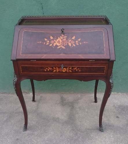 Escrivaninha Papeleira Francesa Marchetada Apliques Bronze