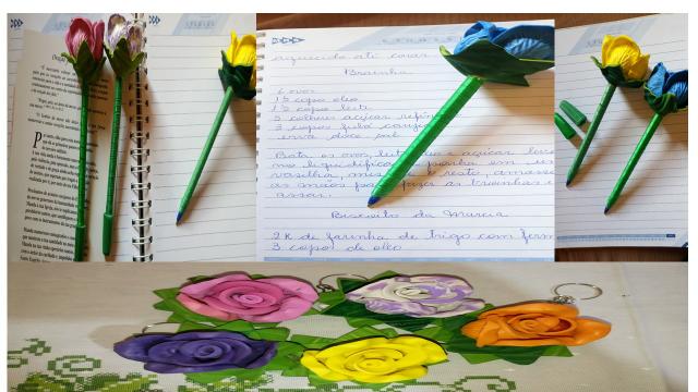Chaveiros e canetas decorados flores
