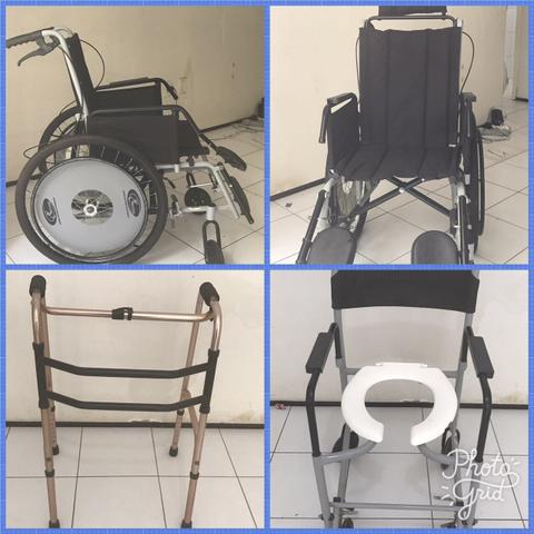 Cadeira de rodas convencional e para banho e andador para