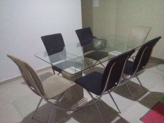 Mesa de Jantar Vidro e Marmore Conjunto 06 (seis) cadeiras