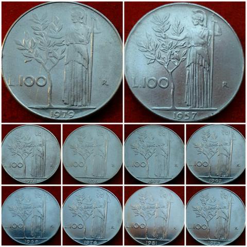 10 moedas de 100 liras anos diferentes
