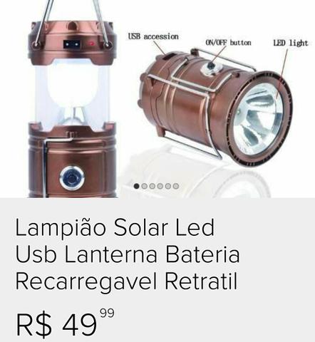 Lampião solar led USB. bateria recarregável.