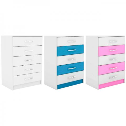 Cômoda com 5 Gavetas Evidência - Cores: Branco, Rosa ou