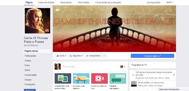 Fanpage de Game of Thrones no facebook
