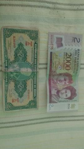Nota de  guaranies e nota de 2 cruzeiros