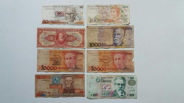 8 Cédulas Nacionais e Uruguais (Dinheiro antigo)