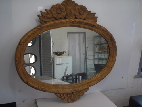 Antigo Grande Espelho 70 Cm Oval Anos 60 Madeira Jacarandá
