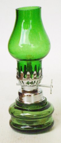 Lampião De Mesa Querosene Colonial Em Vidro Verde Miniatura