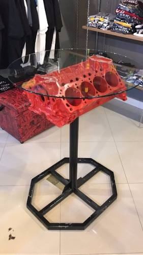 Mesa Com Bloco De Motor V8 Verdadeiro E Tampo De Vidro