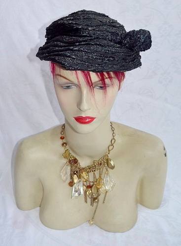 Antigo Casquete Ráfia Preta Acabamento Lateral Anos 