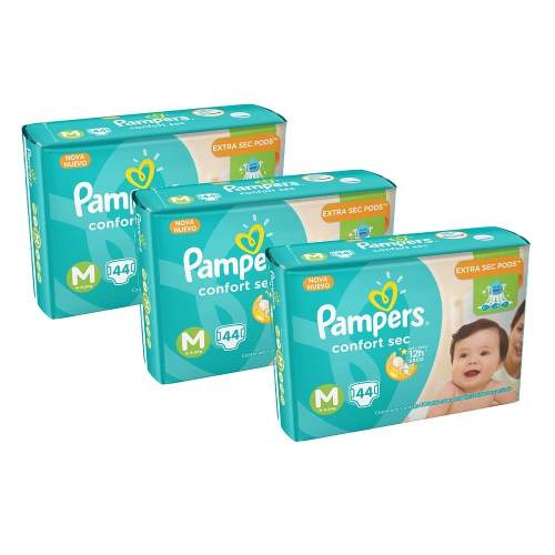 Kit Com 3 Fralda Pampers Confort Sec Mega M - 132 Unidades