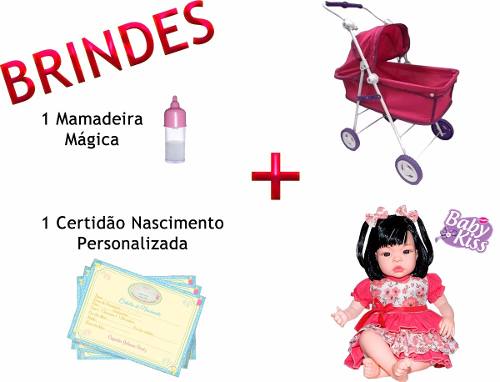 Carrinho Berço De Boneca + Baby Ninos Kiss Reborn Menina