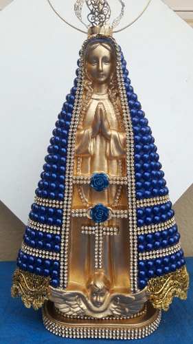 Nossa Senhora Aparecida Dourada 30cm Manto Azul Perolas