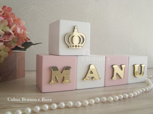 Cubo Dado Bebe Prateleiras Nome Coroa Enfeite Letras Espelho