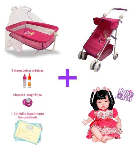 Carrinho Berço Boneca + Berço+ Baby Kiss Reborn Baby