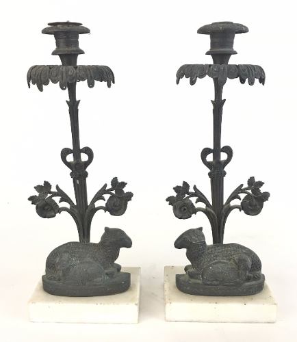 Antigo Par De Castiçal Bronze Patinado Base Granito