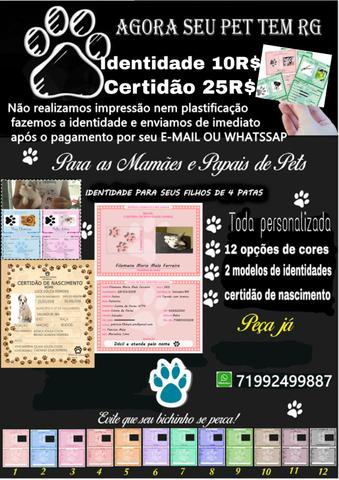 R G / CERTIDÃO para seus pet's