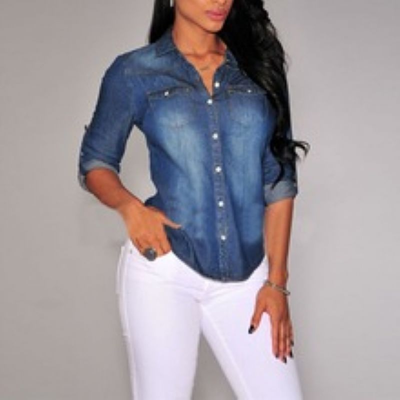 camisa jeans manchada feminina