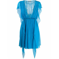 Alberta Ferretti Vestido de seda com babados e recorte de renda floral - Azul