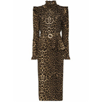 Alessandra Rich Vestido midi de seda com estampa leopardo - Marrom