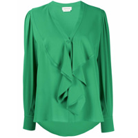 Alexander McQueen Blusa de seda com babados - Verde