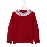Chloé Kids knit sweater with logo lace detail collar - Vermelho