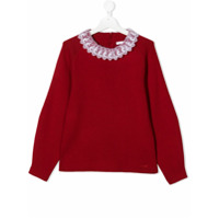 Chloé Kids knit sweater with logo lace detail collar - Vermelho