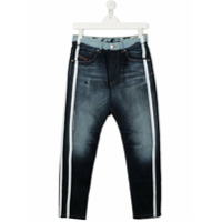 Diesel Kids Calça jeans com efeito destroyed e listras na lateral - Azul
