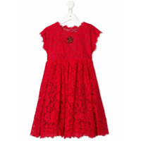 Dolce & Gabbana Kids Vestido vermelho de algodão com renda e cristal floral
