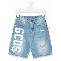 Gcds Kids Short jeans com estampa de logo - Azul