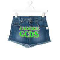 Gcds Kids Short jeans com estampa J'Adore - Azul
