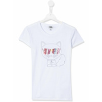 Karl Lagerfeld Kids Camiseta com estampa de gato e bordado de paetês - Branco