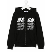 Msgm Kids Moletom com capuz, zíper e estampa de logo - Preto