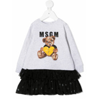 Msgm Kids Vestido manga longa com estampa de ursinho - Cinza