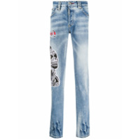 Philipp Plein Calça jeans com bordado de cachorro - Azul