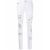 Philipp Plein Calça jeans com efeito destroyed e aplicação de cristais - Branco