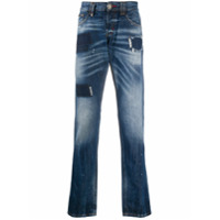 Philipp Plein Calça jeans reta com patches - Azul