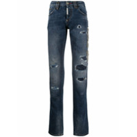 Philipp Plein Calça jeans reta com patchwork e tachas - Azul