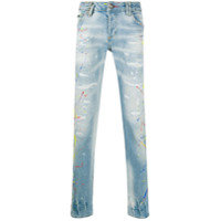 Philipp Plein Calça jeans reta com respingos de tinta - Azul