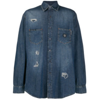 Philipp Plein Camisa jeans destroyed com estampa de caveira - Azul