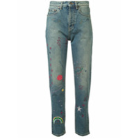 Saint Laurent Calça jeans cintura alta com bordado - Azul
