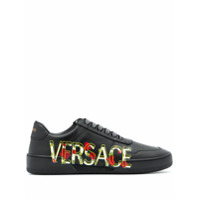 Versace logo printed leather trainers - Preto